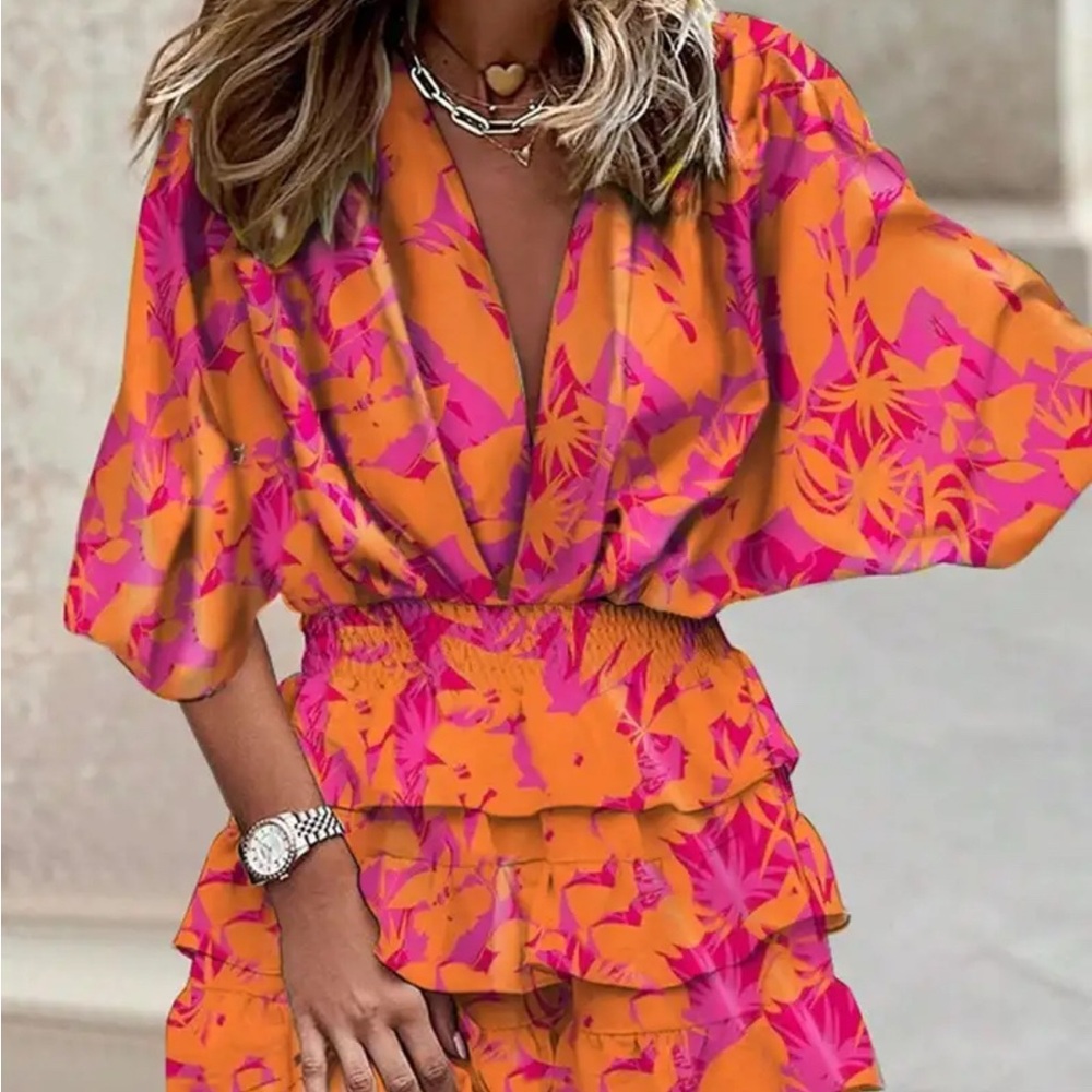 Bohemian style v neck dress orange pink
